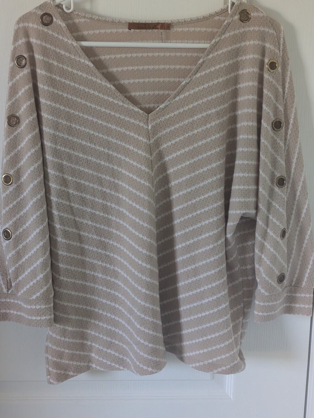 Belldini Womens Long Sleeve Embellished Tunic Knit Top Beige/Tan L Cottagecore
